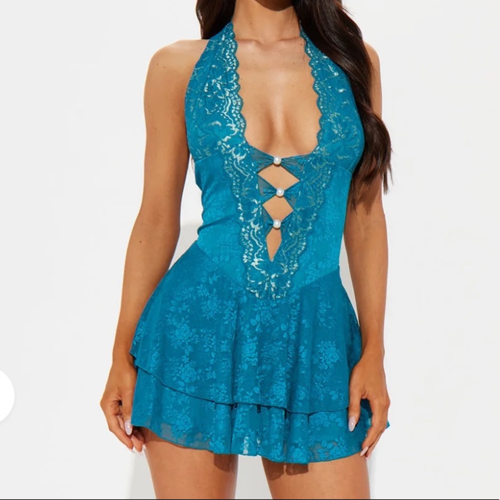 Naomi lace mini dress romper v cut turquoise